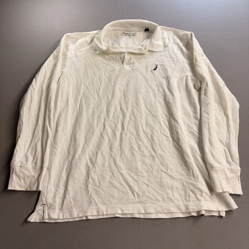 Nautica True Deck Shirt Mens L White Long Sleeve Polo 100% Cotton KR6450